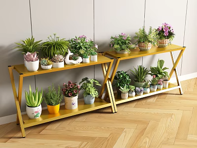 Garden Decor With Yellow Multi tiered Plant Stands And Various Potted Plants 3d model