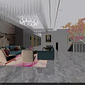Bridal Shop Interior Design With Chandelier Pink Tree Sofa Armchairs And Marble Floor