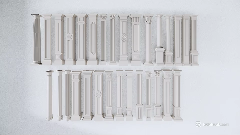 White Roman Columns in Different Styles for Interior Design 3d model 