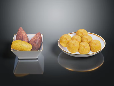 Fresh Purple and Yellow Sweet Potatoes in Square Bowl with Yellow Balls on Round Plate 3d model
