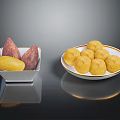 Fresh Purple and Yellow Sweet Potatoes in Square Bowl with Yellow Balls on Round Plate