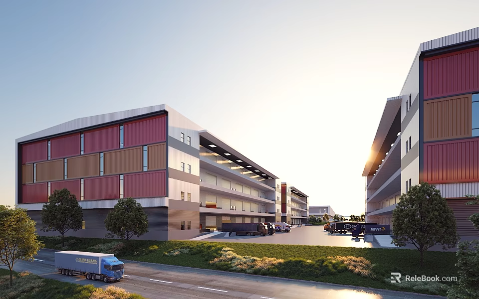 Industrial Factory Building Exterior With Red Brown Walls Lawn Trees And Truck On Road 3d model 