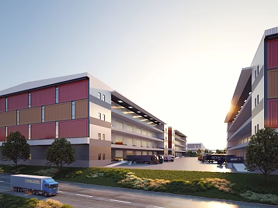 Industrial Factory Building Exterior With Red Brown Walls Lawn Trees And Truck On Road 3d model