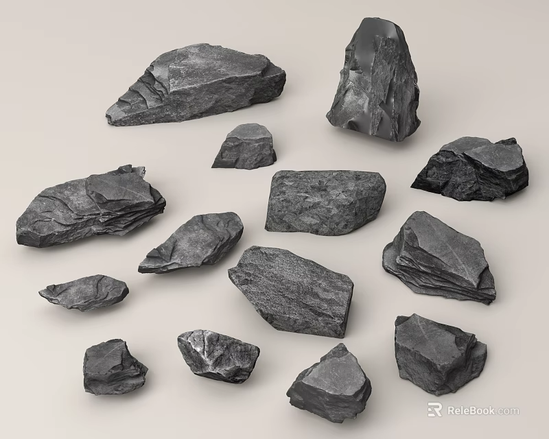 Natural Black Stones and Wood Pieces with Various Shapes and Sizes for Decorative Projects 3d model 