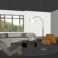 Modern Living Room Interior With Gray Sofa Orange Accent Chair Floor Lamp Round Rug And Large Window
