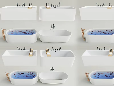 Modern White Rectangular And Oval Bathtubs With Brass Faucets And Flower Petals 3d model