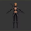 Woman With Orange Hair In Black Tight Fitting Outfit Gloves Boots And Weapon On Back