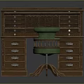 Vintage Wooden Desk With Green Leather Top Multiple Drawers And Green Carved Chair