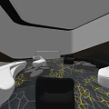 Modern Hotel Public Lounge Area With Black White Chairs And Geometric Pattern Carpet
