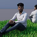 Two Men Sitting on Green Grass Facing Camera and Back View with Water Cloudy Sky 3d model