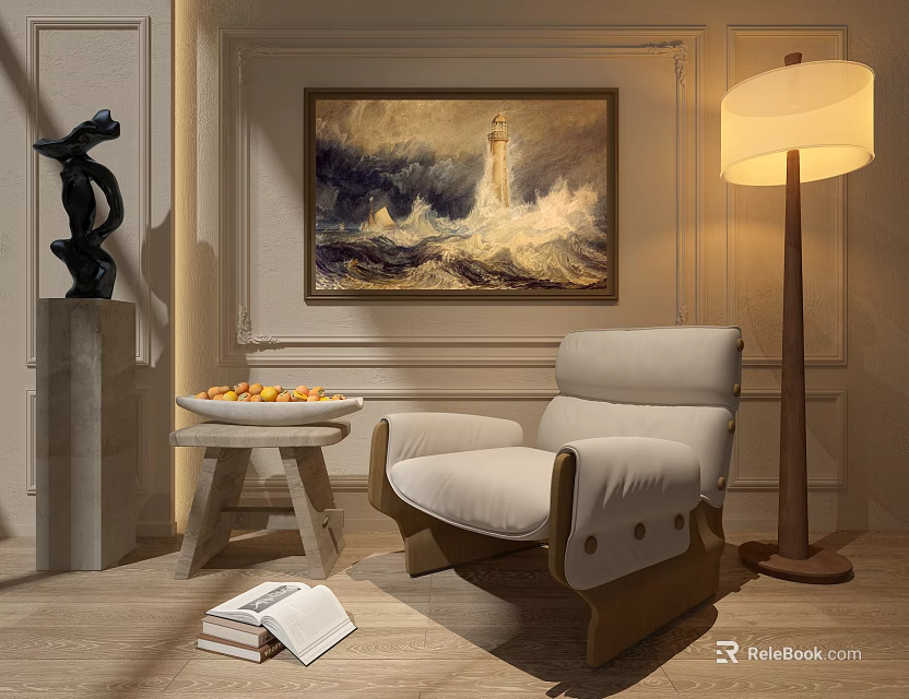 Modern Interior Single Sofa with Floor Lamp Fruit Bowl Sculpture Books and Art Painting 3d model 