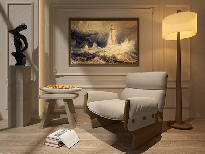 Modern Interior Single Sofa with Floor Lamp Fruit Bowl Sculpture Books and Art Painting 3d model