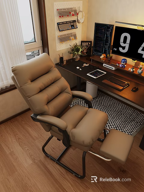 Beige Leather Office Chair With High Back Armrests And Footrest In Home Office Workspace 3d model 