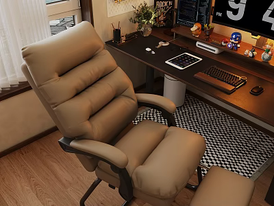 Beige Leather Office Chair With High Back Armrests And Footrest In Home Office Workspace 3d model
