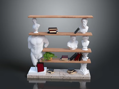Modern Bookcase With Wooden Shelves White Bust Sculptures Red Book Green Plant And Marble Base 3d model