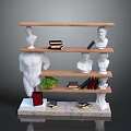 Modern Bookcase With Wooden Shelves White Bust Sculptures Red Book Green Plant And Marble Base