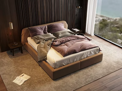 Modern Double Bed in Bedroom with Wooden Wall Sea View Window and Cozy Bedding 3d model