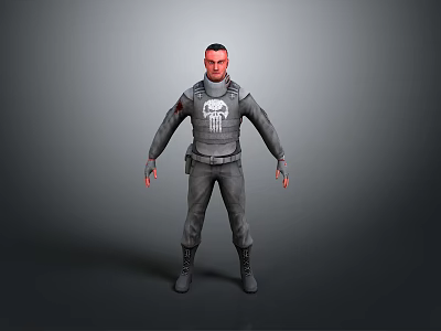 3D Model Man in Gray Tactical Outfit with Skull Logo on Chest and Goggles 3d model