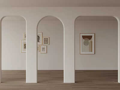 Minimalist Interior Design With White Arches Wall Art And Wooden Floor 3d model