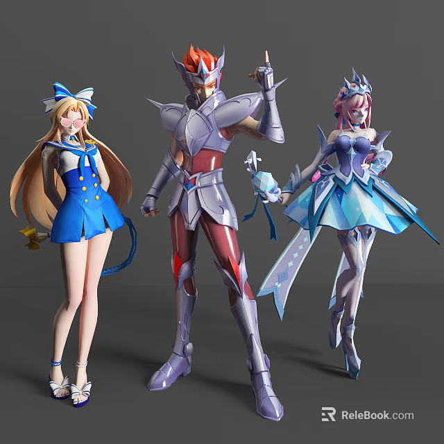 Anime Game Characters With Colorful Costumes Armored Warrior And Magical Girl Designs 3d model 