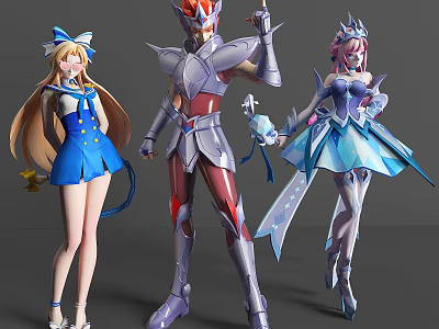 Anime Game Characters With Colorful Costumes Armored Warrior And Magical Girl Designs 3d model