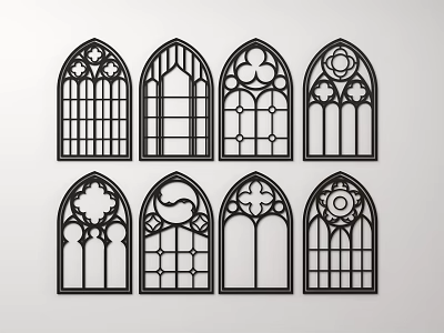 Ornate Arched Lattice Windows With Different Decorative Patterns And Black Line Art 3d model