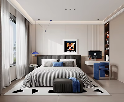 Kids Room Interior With Striped Bed Blue Chair Desk Geometric Rug And White Curtains 3d model