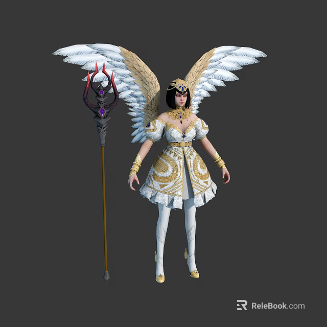 Fantasy Female Character With Gold White Wings Elegant Outfit And Decorative Staff 3d model 
