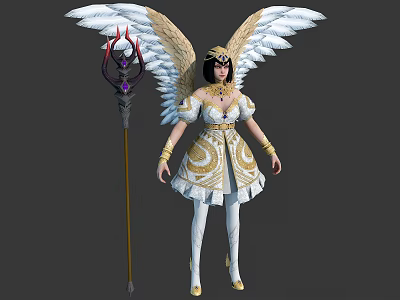 Fantasy Female Character With Gold White Wings Elegant Outfit And Decorative Staff 3d model
