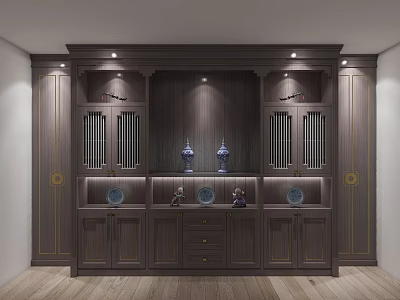 Elegant Chinese Style Decorative Cabinet With Dark Wood Golden Accents Vases And Plates 3d model