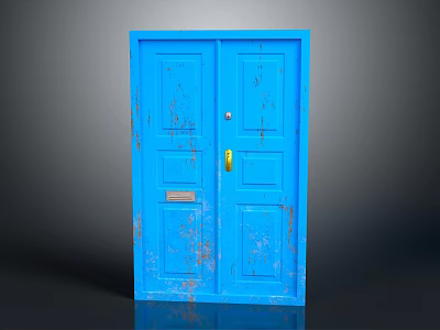 Vintage Blue Wooden Door With Worn Finish Brass Handle And Mail Slot 3d model