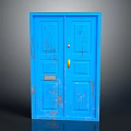Vintage Blue Wooden Door With Worn Finish Brass Handle And Mail Slot