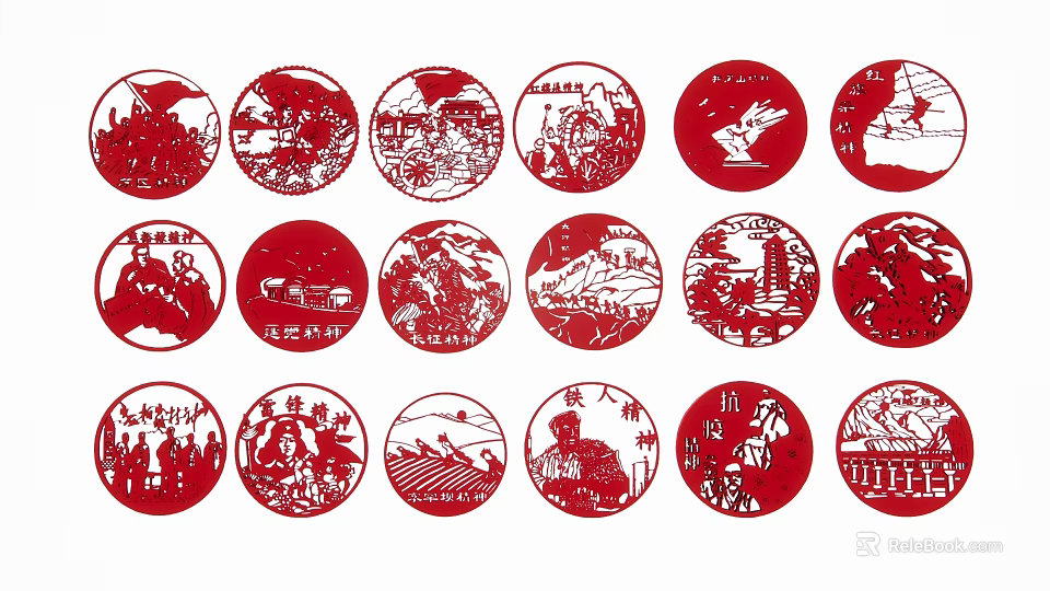Traditional Chinese Red Circular Paper Cut Hanging Pendants with Cultural Patterns 3d model 