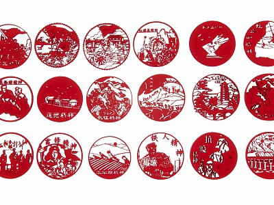 Traditional Chinese Red Circular Paper Cut Hanging Pendants with Cultural Patterns 3d model