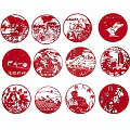 Traditional Chinese Red Circular Paper Cut Hanging Pendants with Cultural Patterns