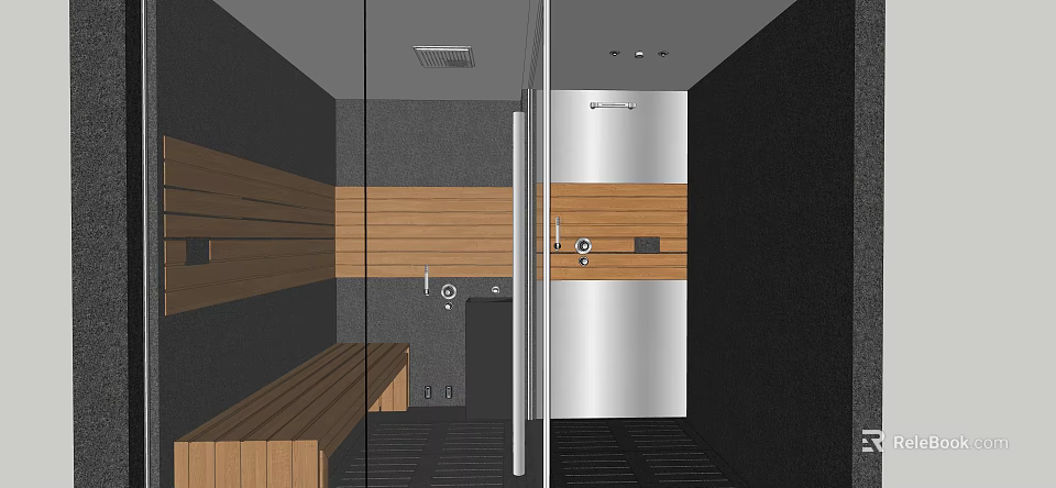 Modern Shower Sauna Interior Design With Wooden Bench Glass Door and Stainless Steel Fixtures 3d model 