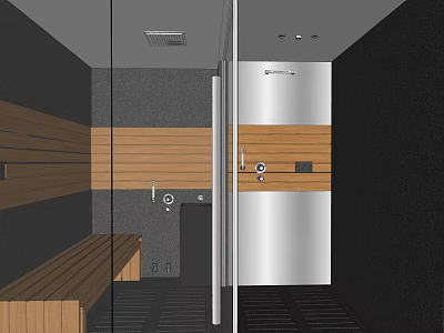 Modern Shower Sauna Interior Design With Wooden Bench Glass Door and Stainless Steel Fixtures 3d model