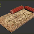 Beige Area Carpet With Intricate Floral Pattern And Red Decorative Rolls On Top