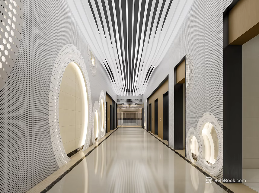 Modern Elevator Hallway With Circular Light Fixtures Striped Ceiling And Textured Walls 3d model