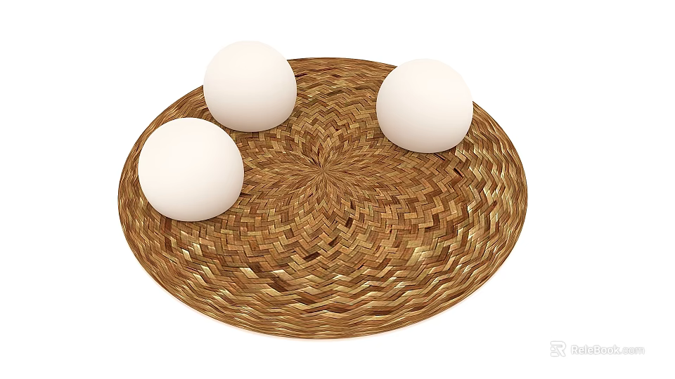 Three White Eggs Placed On Woven Round Plate For Fresh Food 3d model