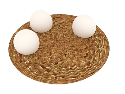 Three White Eggs Placed On Woven Round Plate For Fresh Food 3d model