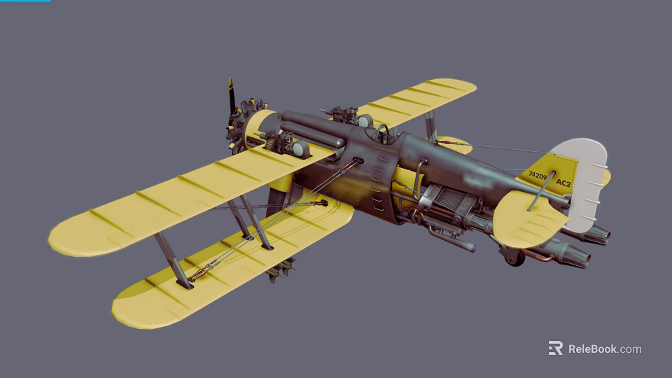Vintage Fighter Biplane With Yellow Wings Dark Fuselage And Propeller Design 3d model 