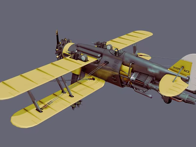 Vintage Fighter Biplane With Yellow Wings Dark Fuselage And Propeller Design 3d model