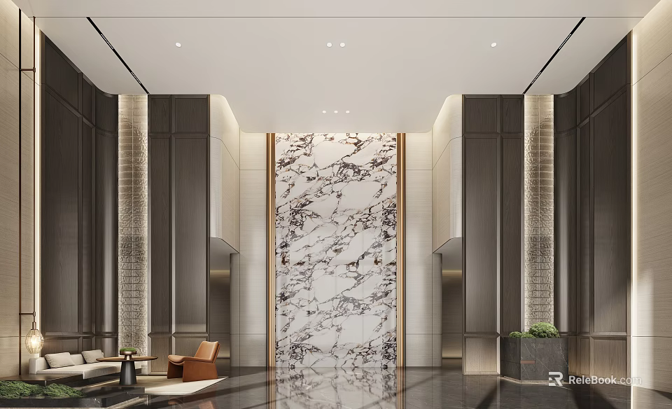 Elegant Modern Hotel Lobby Interior Design With Marble Wall Sofa Chair And Green Plant 3d model 