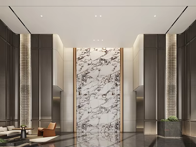 Elegant Modern Hotel Lobby Interior Design With Marble Wall Sofa Chair And Green Plant 3d model