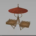 Outdoor Scene Component With Red Umbrella And Wooden Trays On Metal Stand