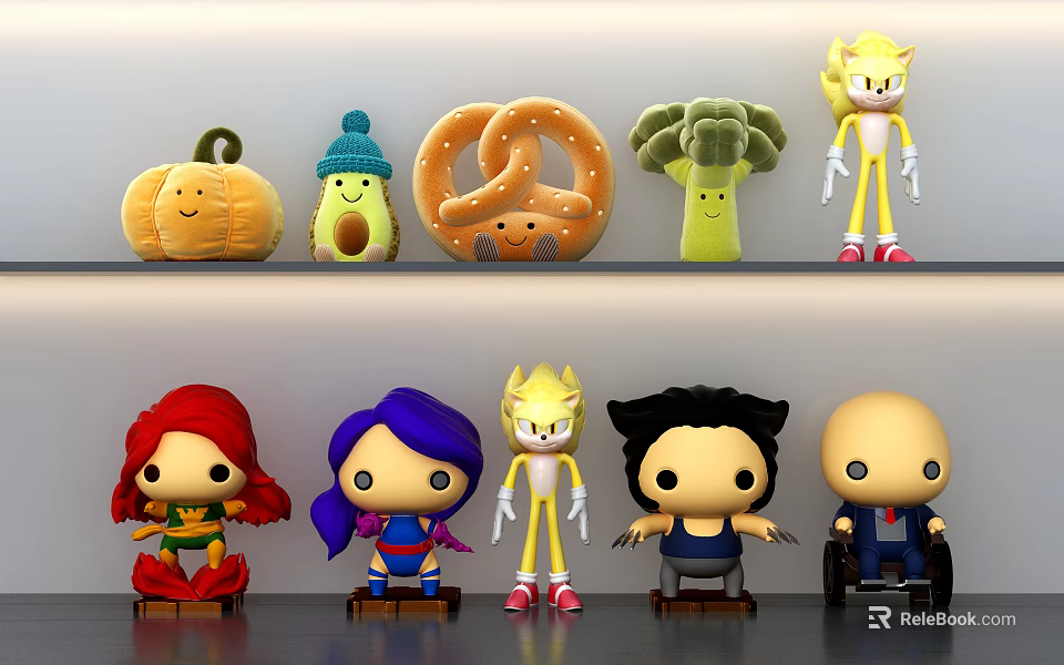 Stuffed Toys And Figurines Featuring Pumpkin Avocado Pretzel Broccoli Red Purple Hair Yellow Hedgehog Wheelchair 3d model 