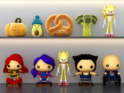 Stuffed Toys And Figurines Featuring Pumpkin Avocado Pretzel Broccoli Red Purple Hair Yellow Hedgehog Wheelchair 3d model