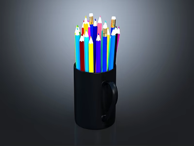 Colorful Wooden Pencils Stored in Black Mug with Assorted Bright Colors 3d model