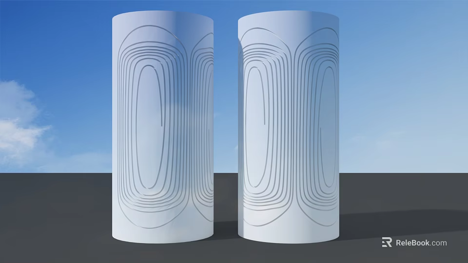 White Pillars With Curved Line Patterns Against Blue Sky And Gray Ground 3d model 